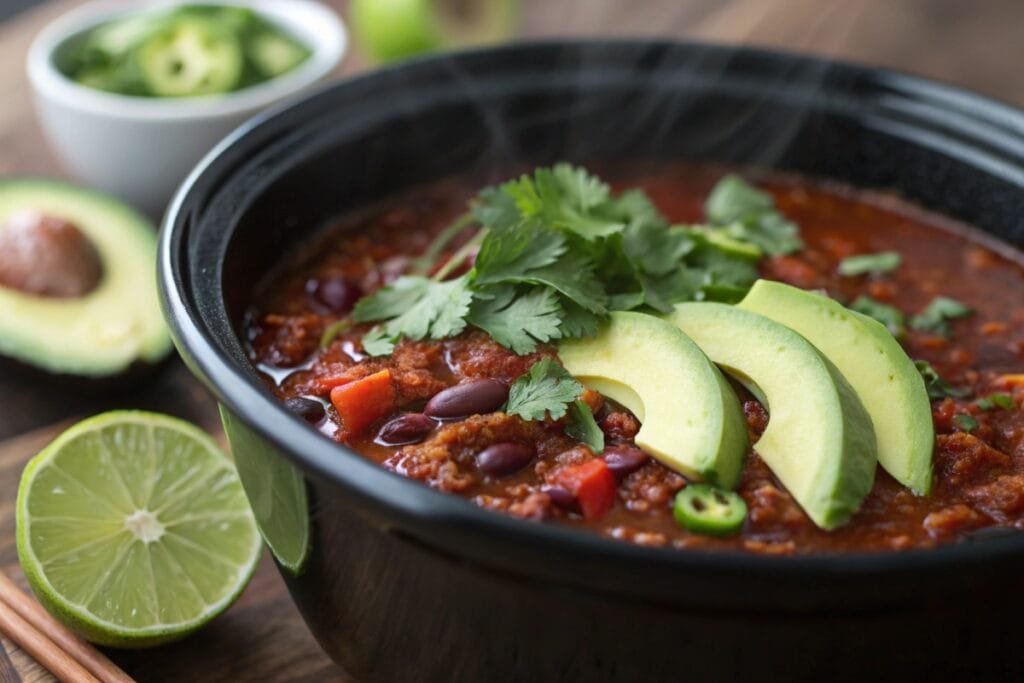 Vegan Crockpot Recipes: Vegan chili in crockpot with avocado and lime