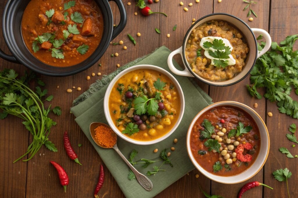 Vegan Crockpot Recipes: Five vegan crockpot dishes on wooden table