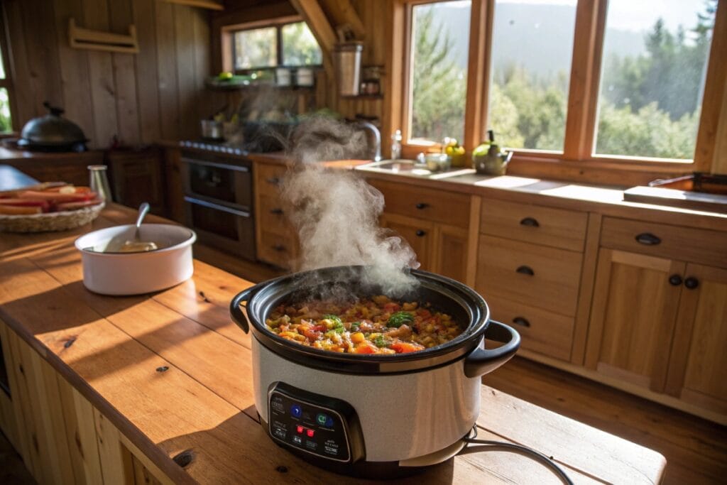 Vegan crockpot lentil stew in rustic kitchen