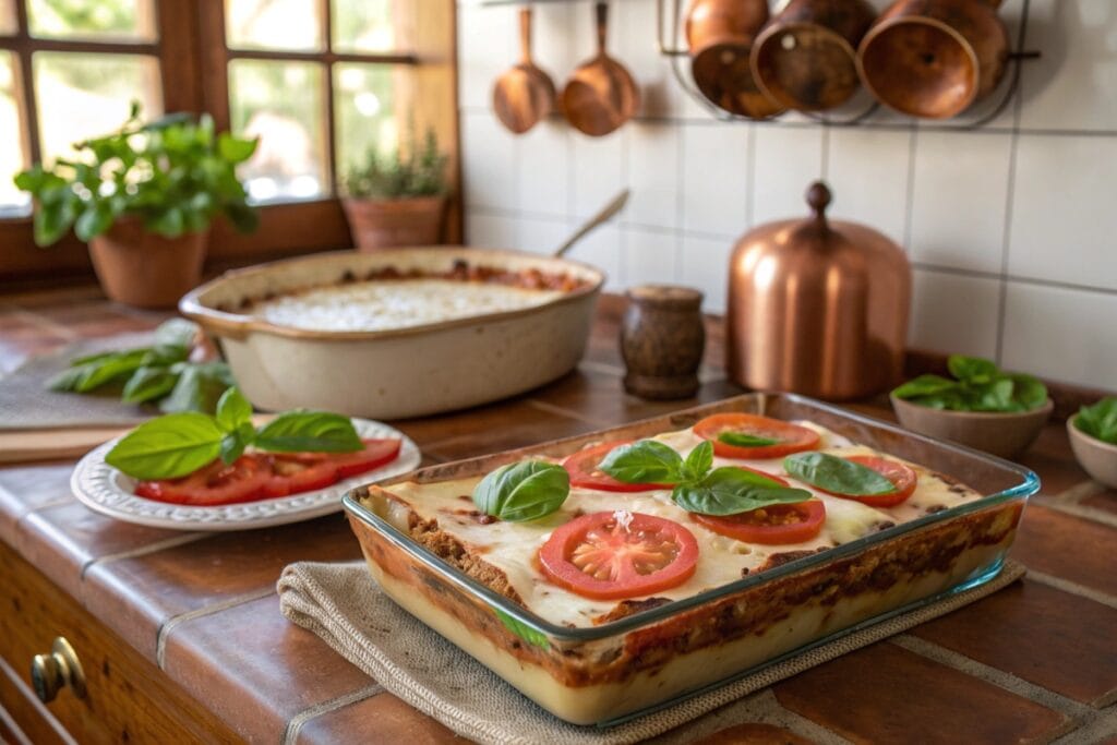 Vegan lasagna with basil