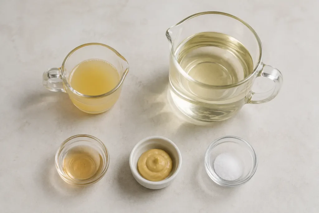 Aquafaba, neutral oil, vinegar, Dijon mustard, and salt for vegan mayo