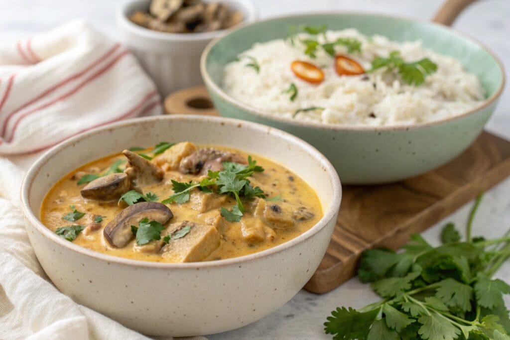 Vegan Thai curry and mushroom stroganoff bowls