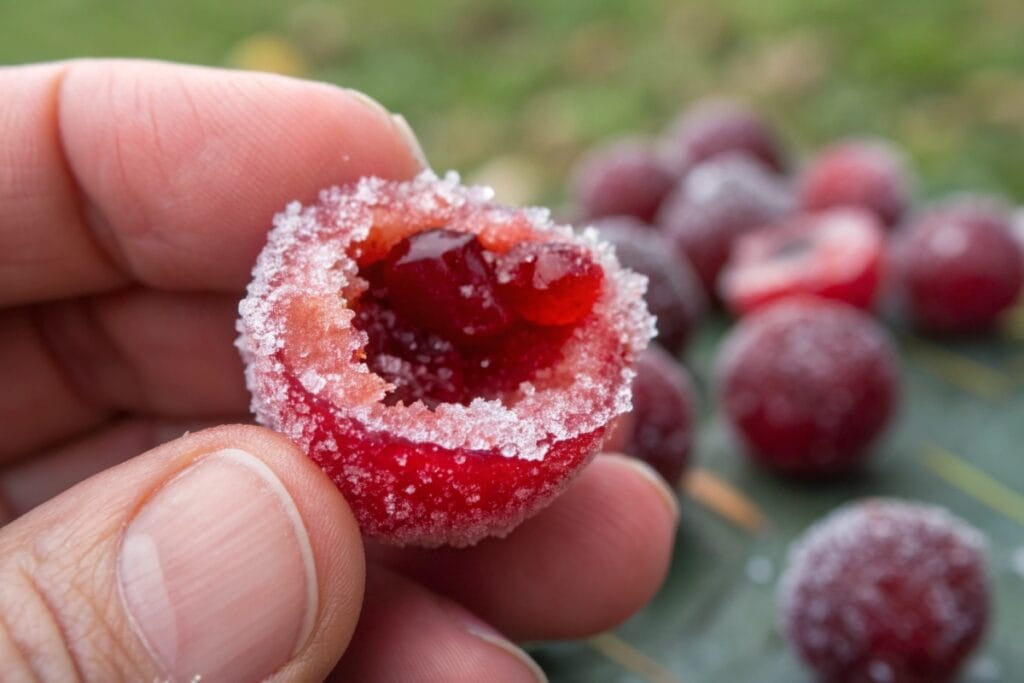 Close-up of a single air fryer candied cranberry