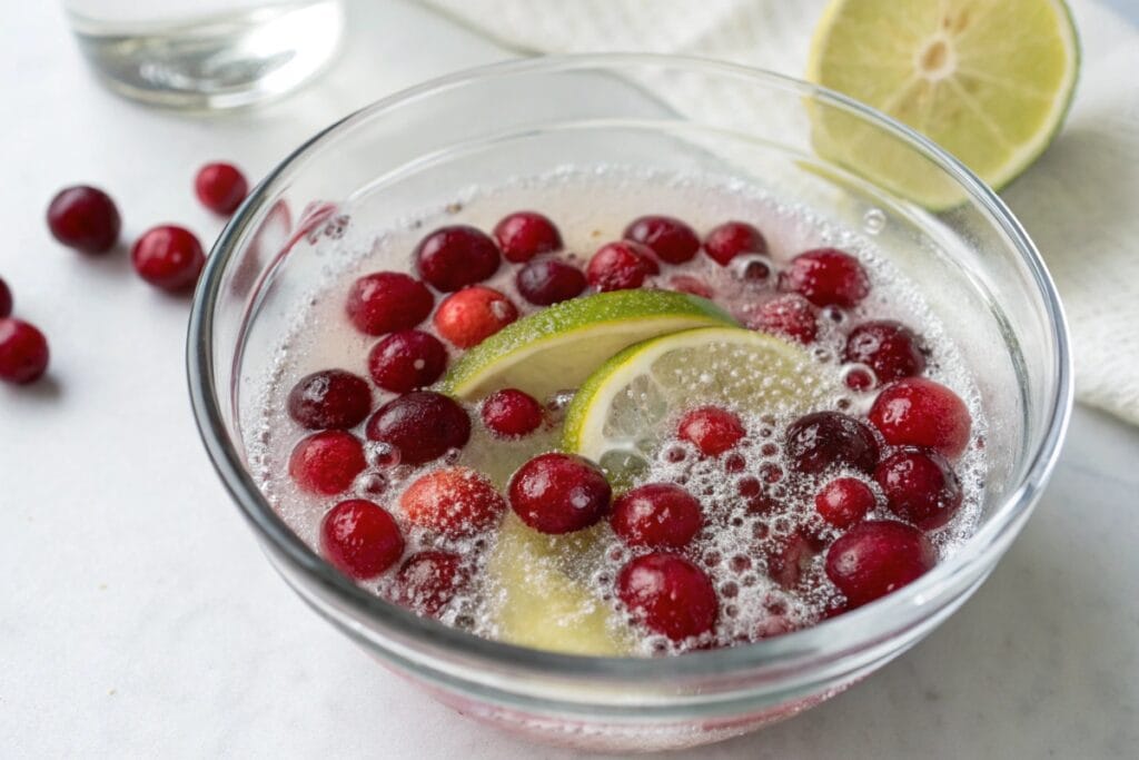 Fresh cranberries soaking for air fryer candied cranberries