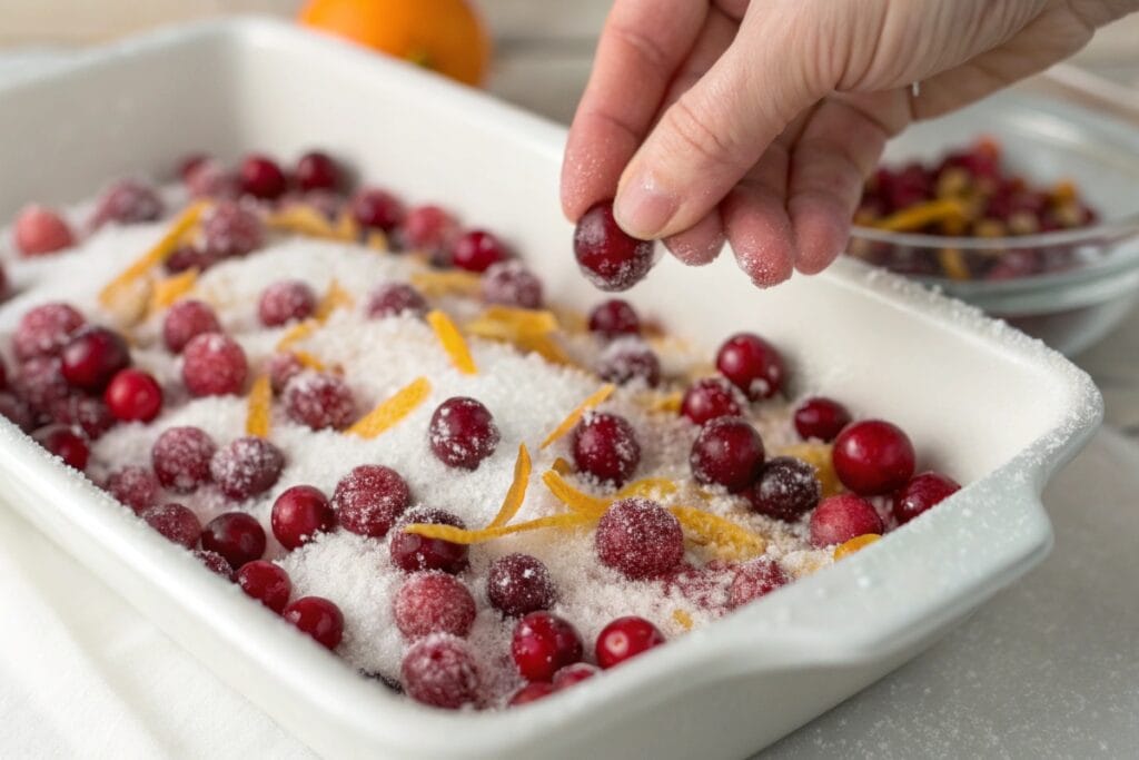Rolling cranberries in sugar for air fryer candied cranberries