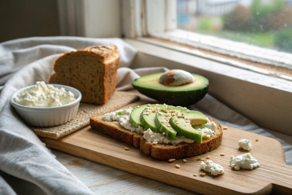 Avocado cottage cheese bread keto loaf sliced and ready to toast