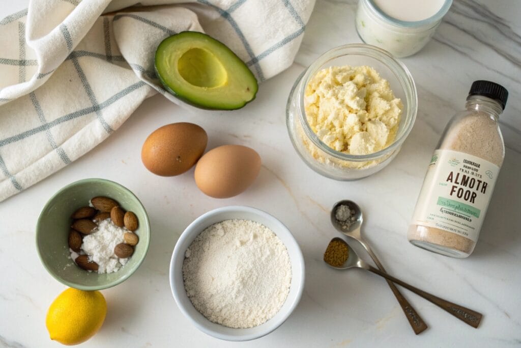 Ingredients for avocado cottage cheese bread keto on a counter