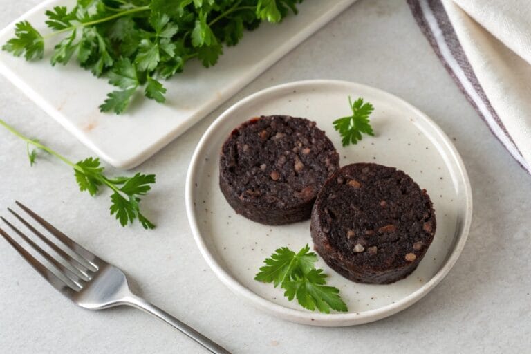 Two slices of homemade black pudding recipe on a small plate
