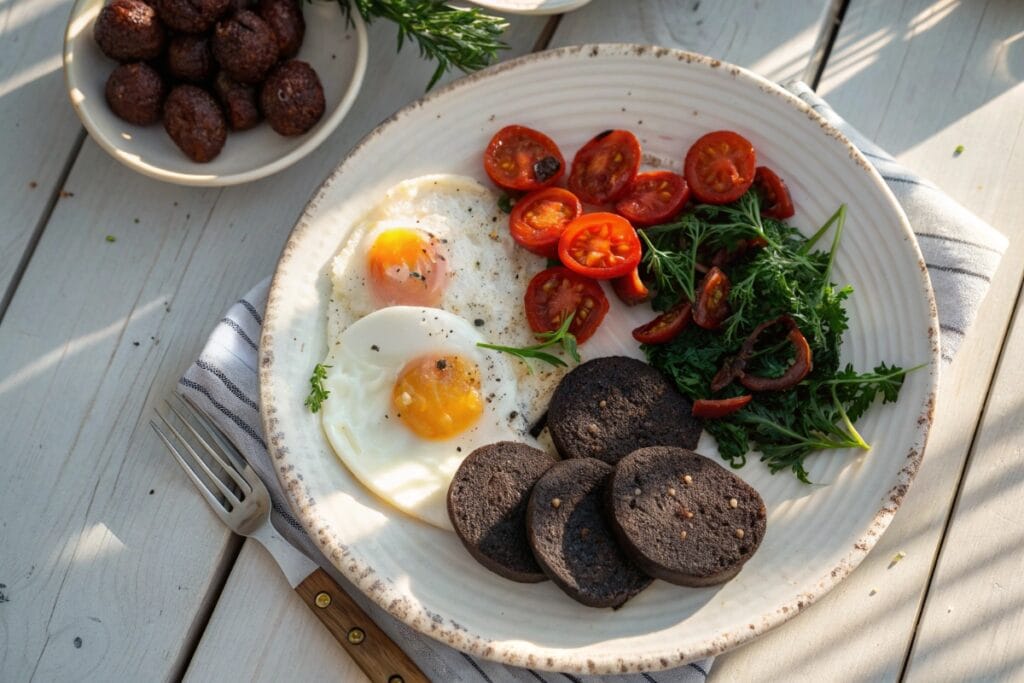 Sliced black pudding recipe served with eggs and tomatoes