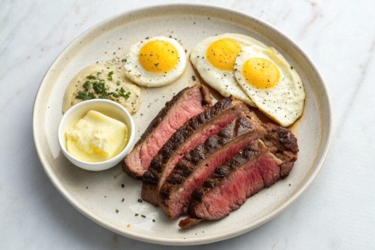 Single plate of carnivore diet steak and eggs