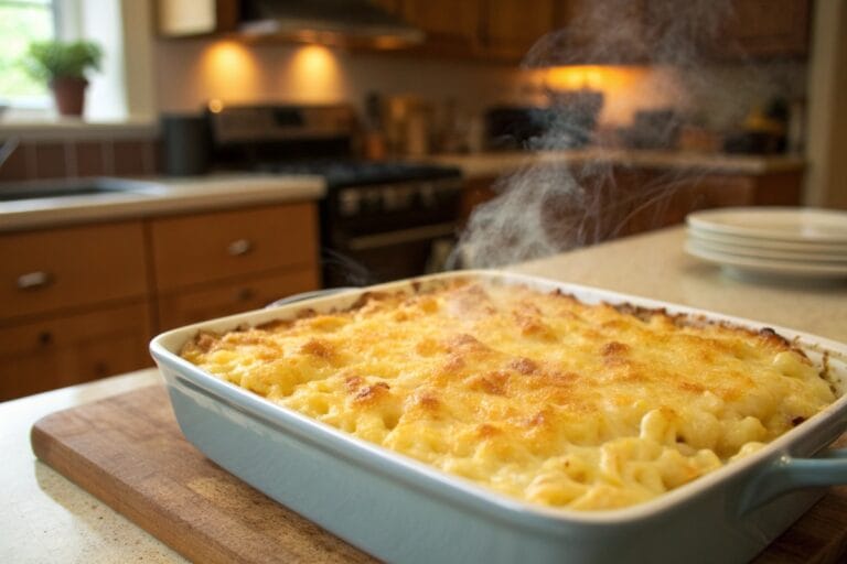 Scooping baked Chick Fil A mac and cheese recipe from casserole