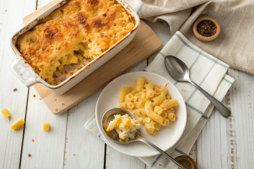 Baked Chick Fil A mac and cheese recipe with golden cheesy topping