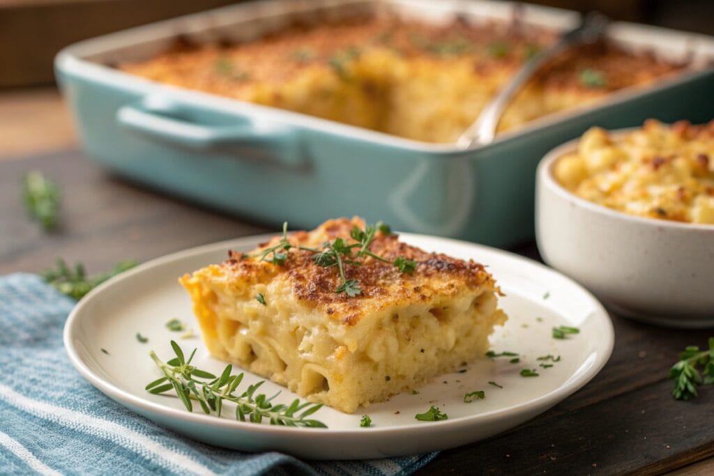 Slice of baked Chick Fil A mac and cheese recipe on plate