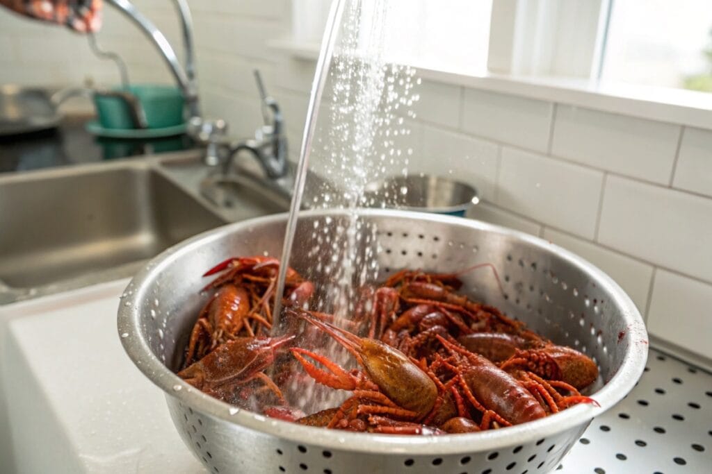 Rinsing live crawfish before cooking in a crawfish recipes tutorial