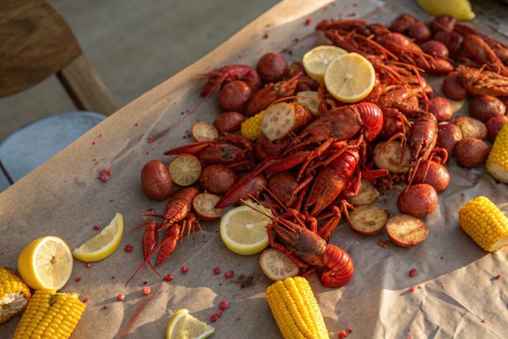 Classic crawfish recipes boil spread on a table