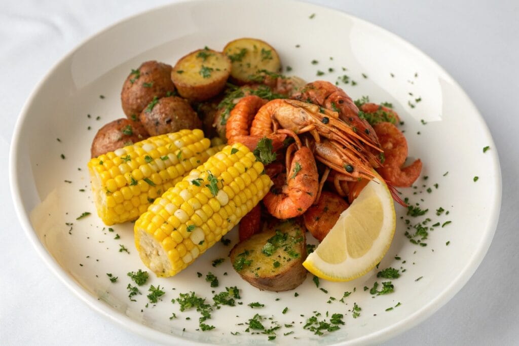 Plated serving from crawfish recipes boil with corn and potatoes
