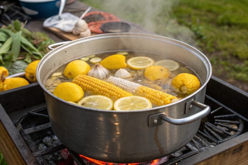 Seasoned pot of boiling water for crawfish recipes with lemons and garlic