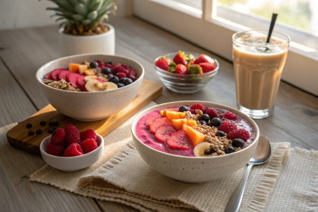 Dragon fruit smoothie bowls with iced coffee breakfast