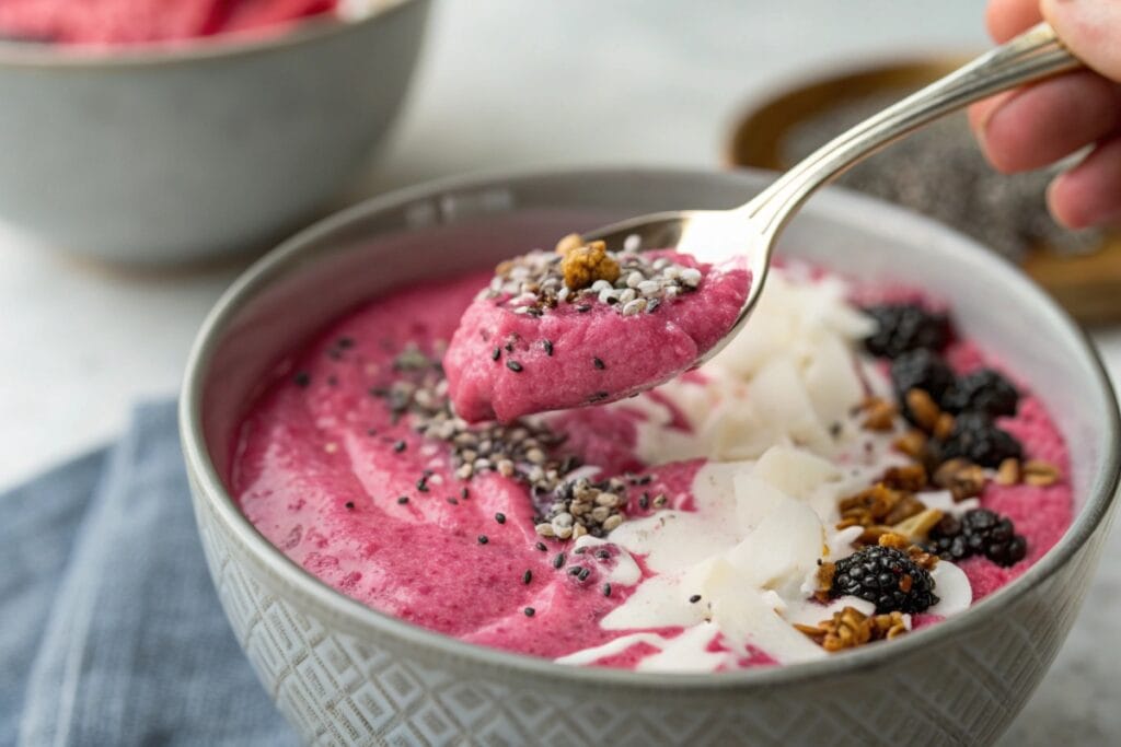 Scoop of thick dragon fruit smoothie bowl, Dragon Fruit Recipes