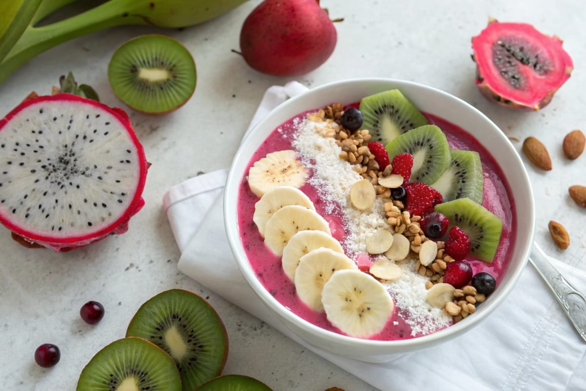 Dragon fruit recipes smoothie bowl with colorful toppings