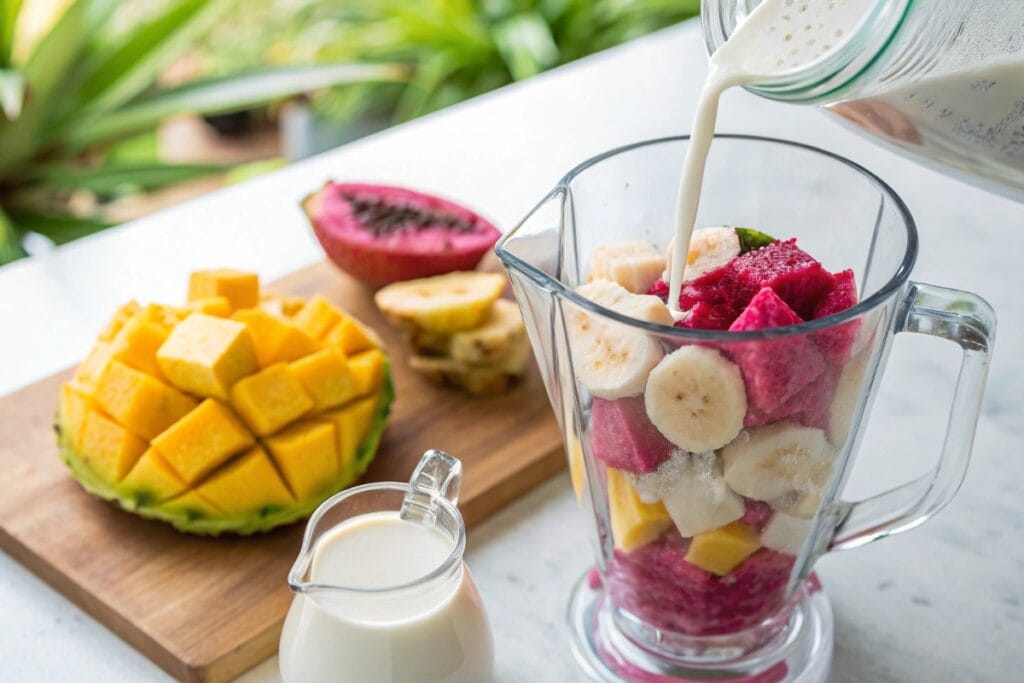 Blender with ingredients for dragon fruit recipes smoothie