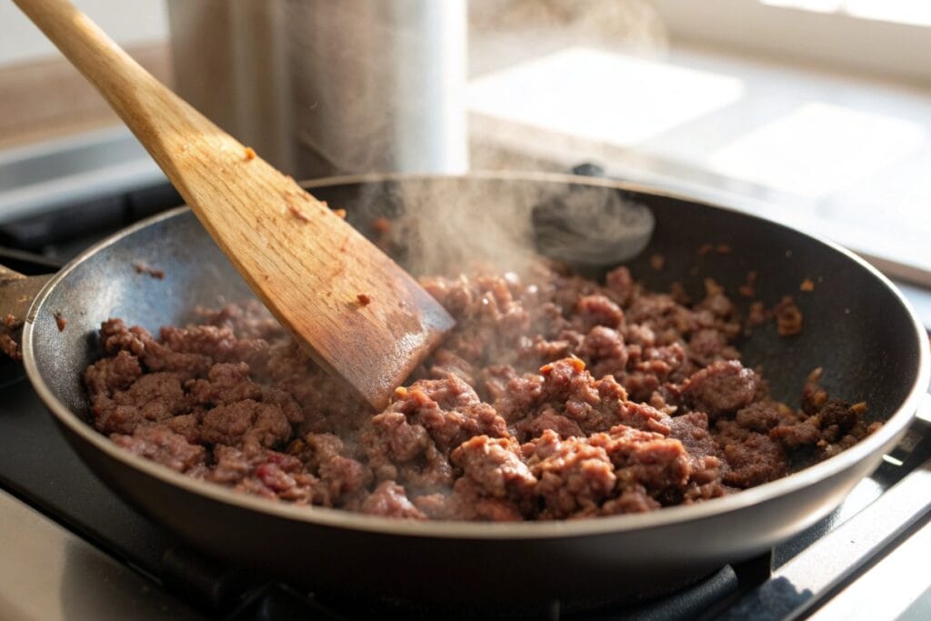 Browning meat for easy sloppy joe recipe 3 ingredients