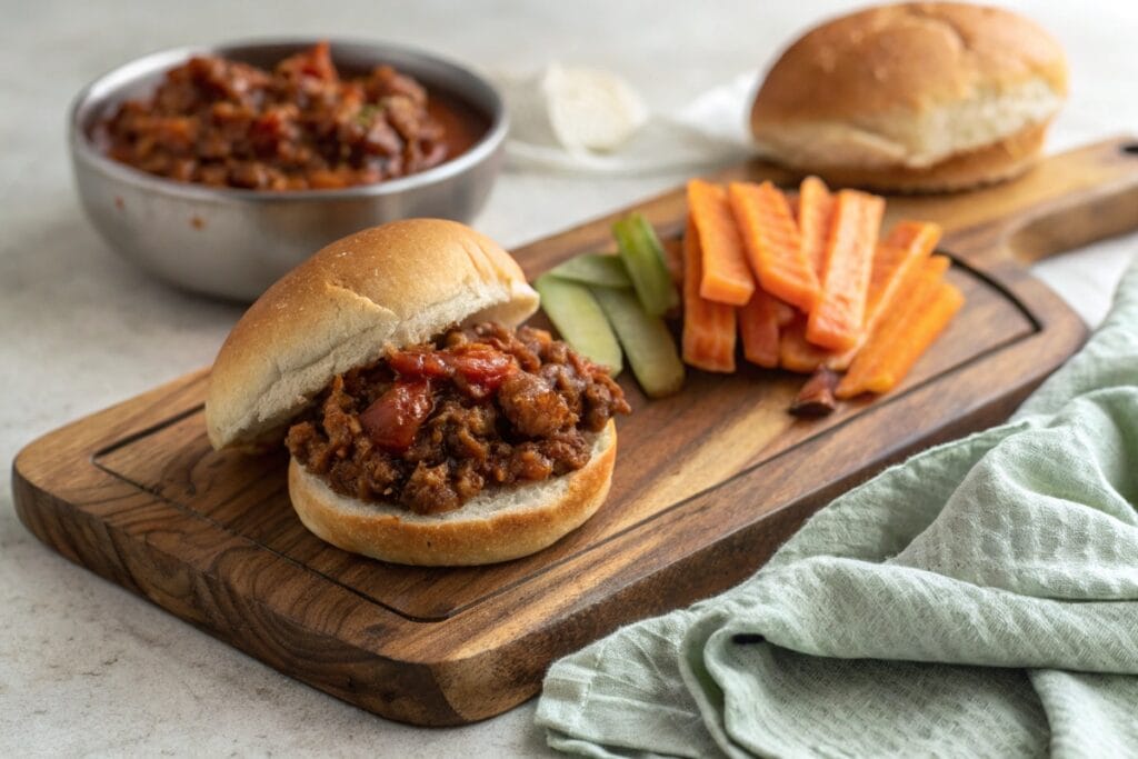 Easy sloppy joe recipe 3 ingredients sandwich with veggies on the side