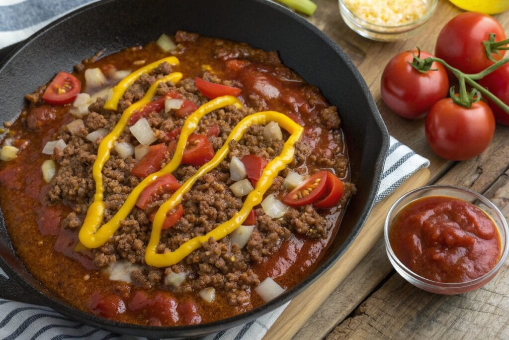Saucy skillet of easy sloppy joe recipe 3 ingredients filling