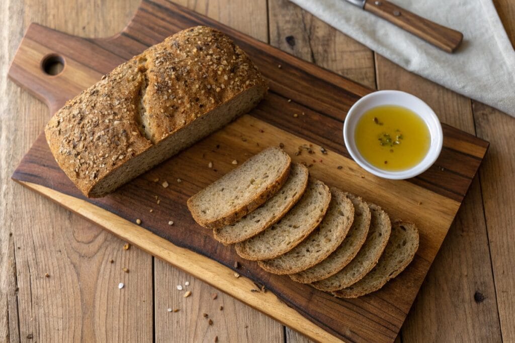 Sliced Ezekiel bread recipe loaf on board