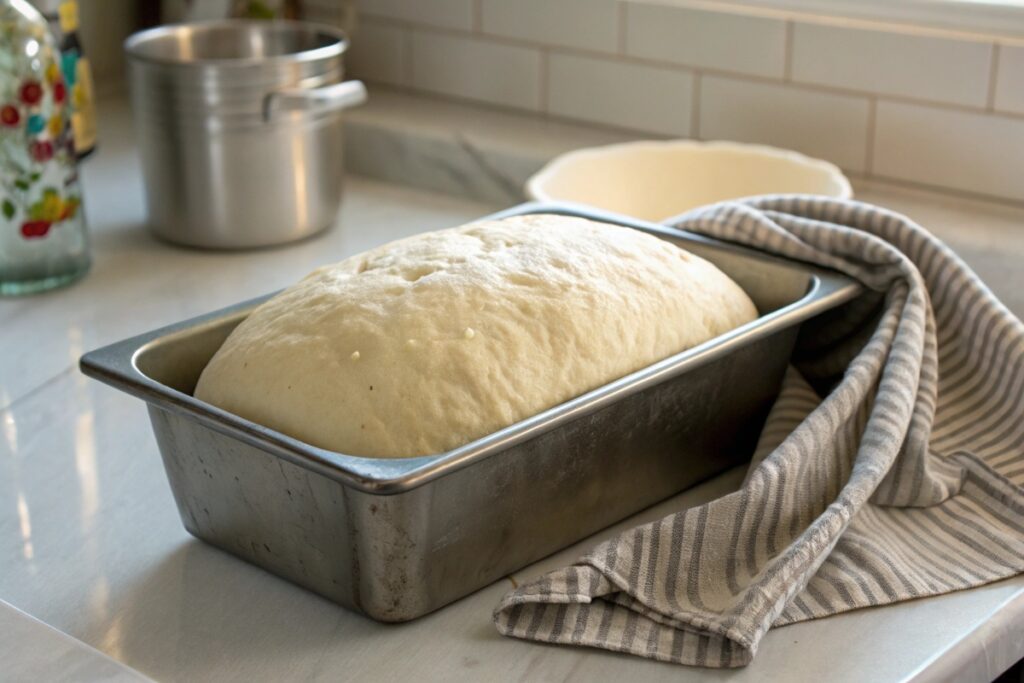 Risen Ezekiel bread dough in loaf pan