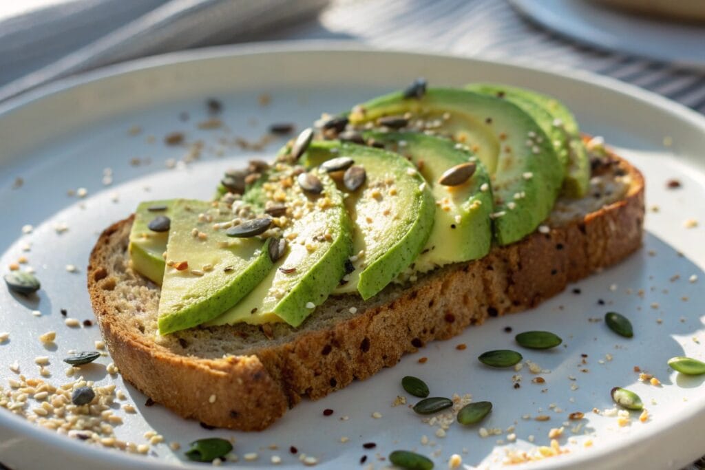 Toasted Ezekiel bread slice with avocado
