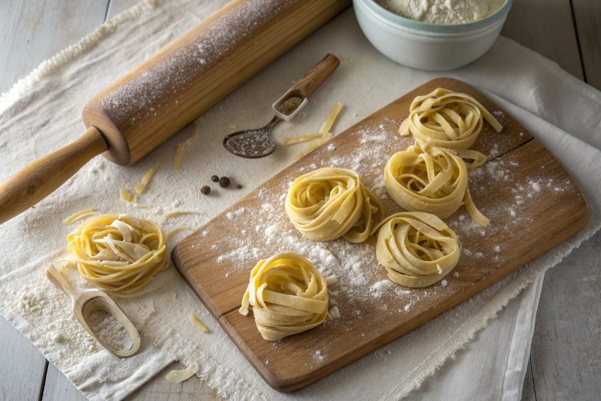 Fresh gluten free pasta recipe nests on a floured board
