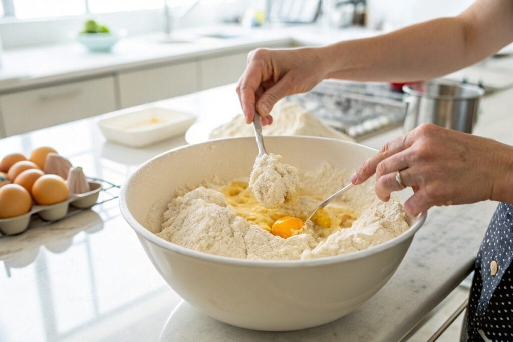 Mixing gluten free pasta recipe dough in a bowl