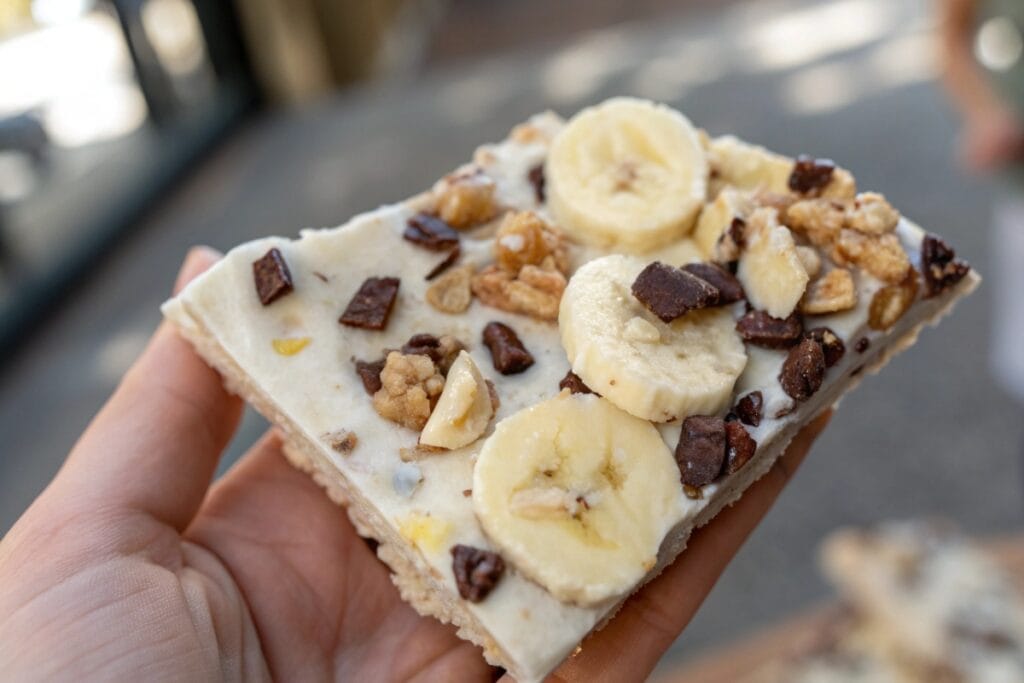 Close-up of high protein banana yogurt bark square