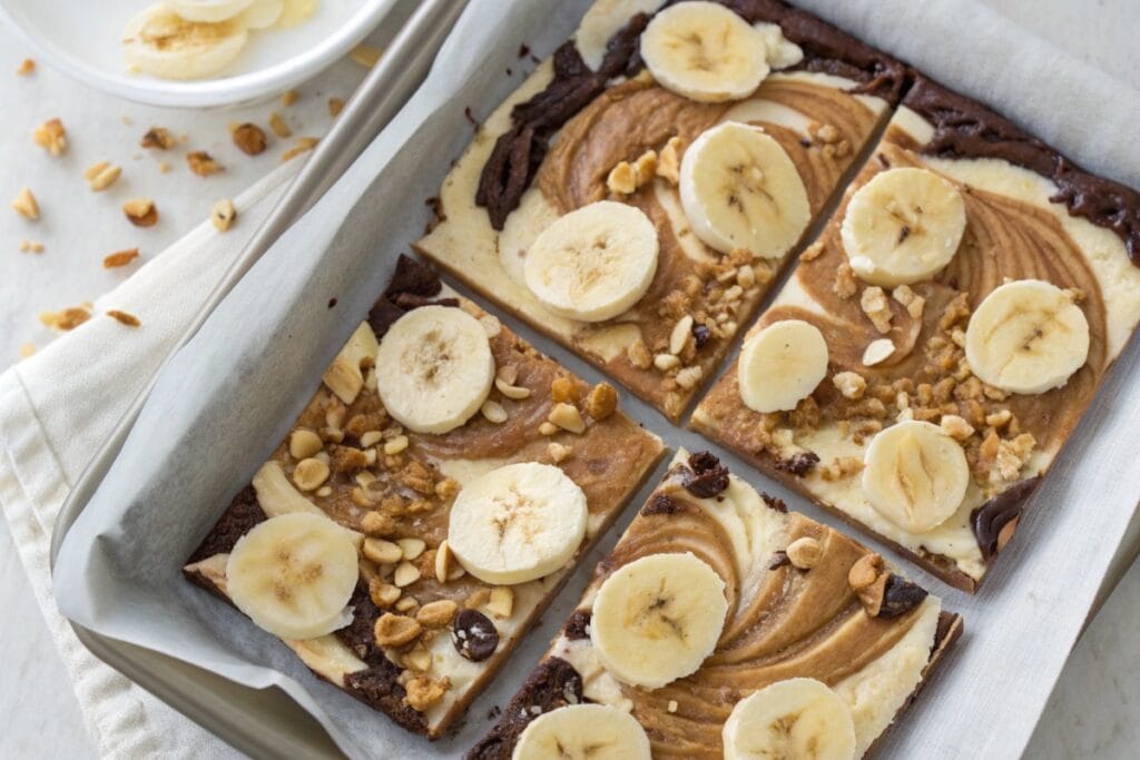 High protein banana yogurt bark with peanut butter and banana