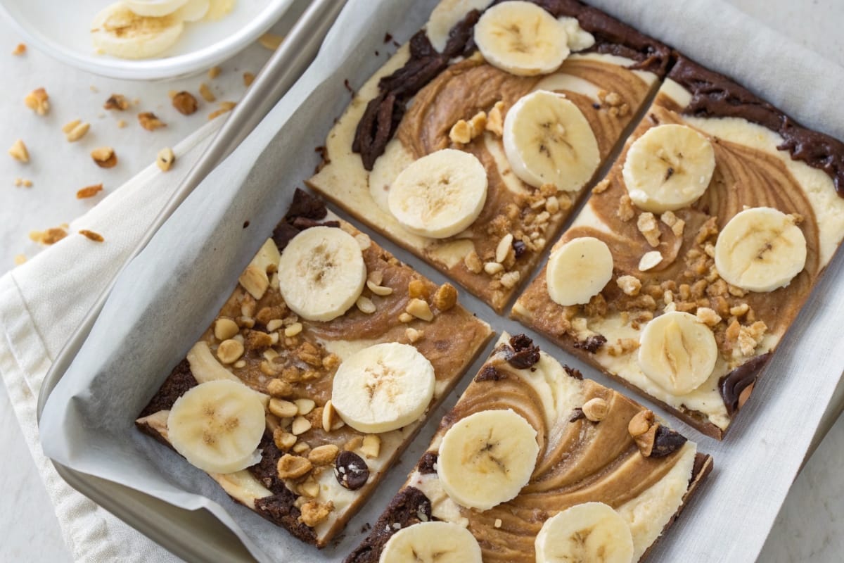 High protein banana yogurt bark with peanut butter and banana