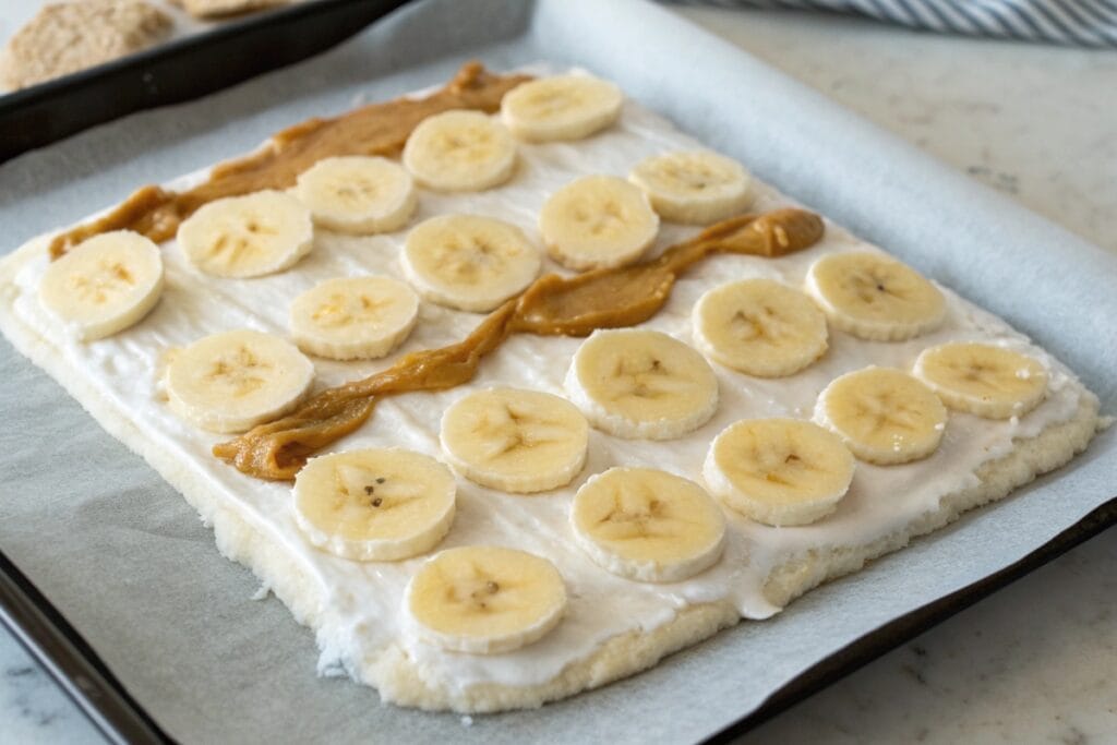 Banana yogurt bark spread on tray before freezing