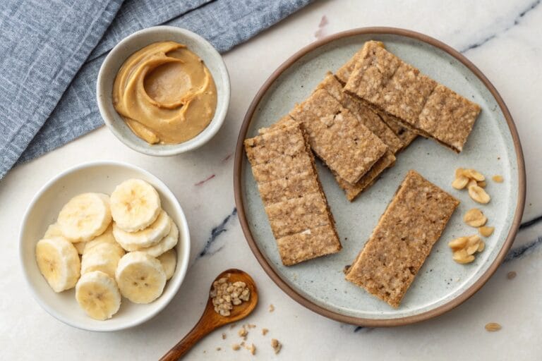 High protein banana yogurt bark on plate with bananas