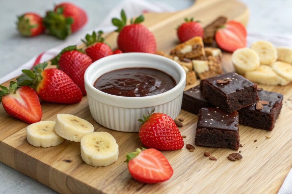 Hot fudge sauce recipe served with fruit and brownies