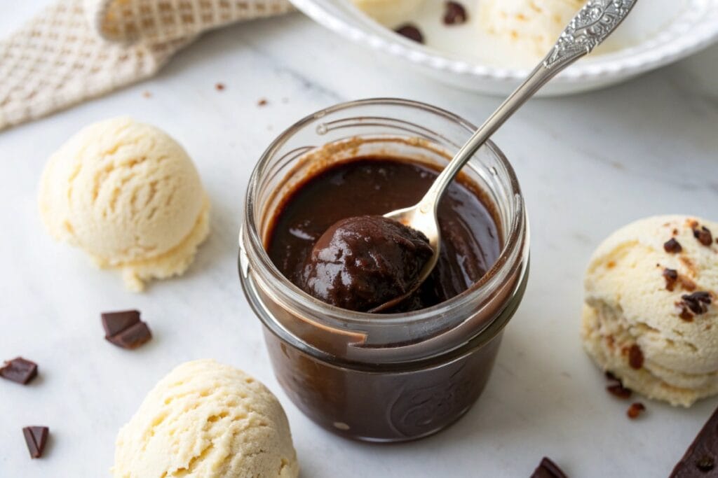 Thick hot fudge sauce recipe in a glass jar with spoon