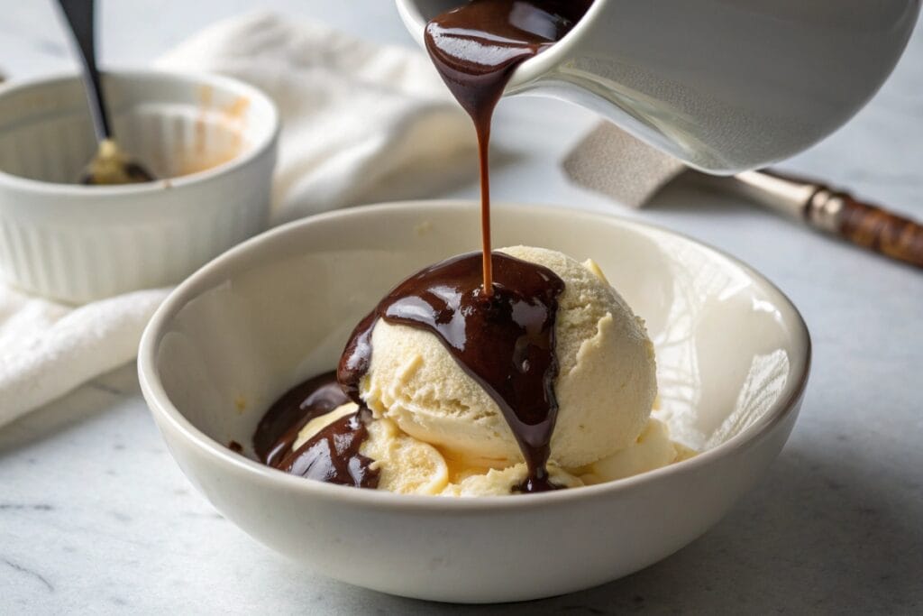 Hot fudge sauce recipe poured over vanilla ice cream