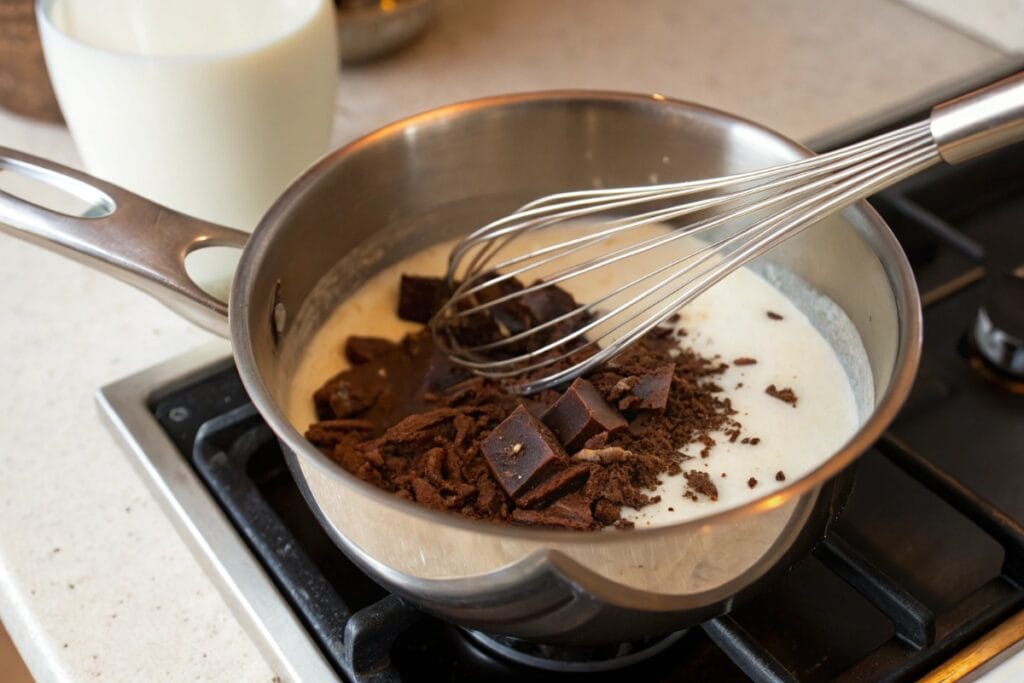 Whisking hot fudge sauce recipe in a saucepan