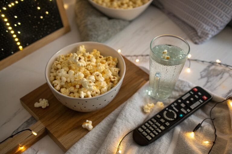Hot honey popcorn in a bowl for movie night