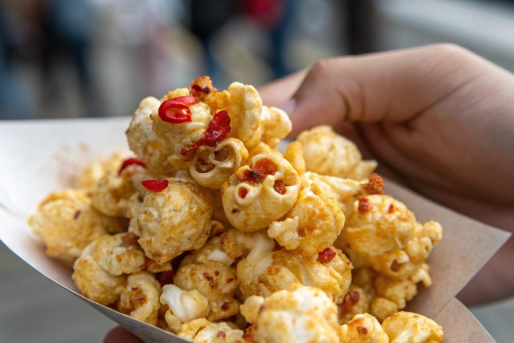 Close-up of hot honey popcorn cluster