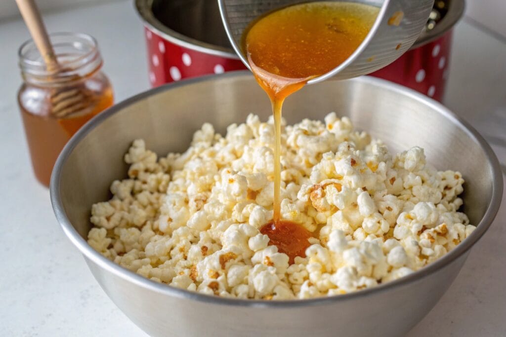 Pouring hot honey mixture over freshly popped popcorn