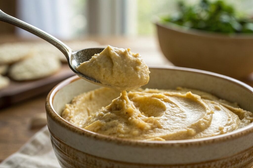 Spoon scooping creamy hummus recipe without tahini