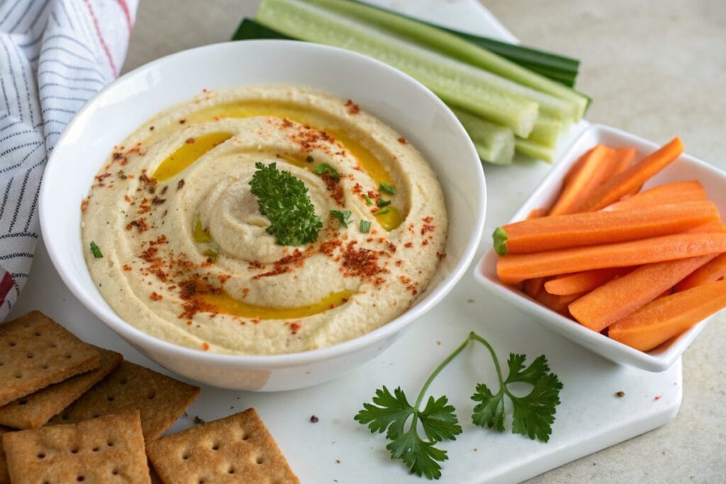 Hummus recipe without tahini served with veggies and crackers