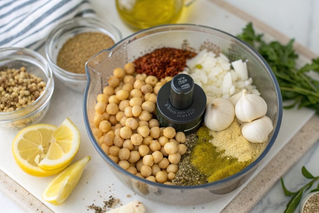 Food processor with ingredients for hummus recipe without tahini
