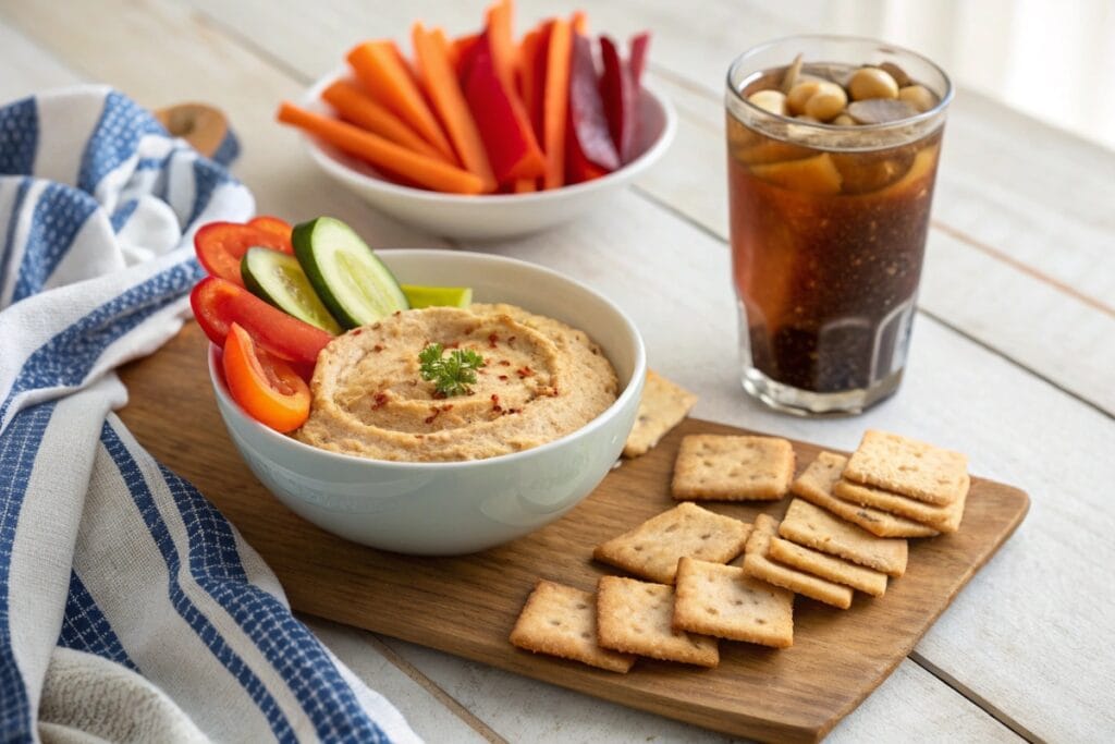 Hummus recipe without tahini on snack board with veggies