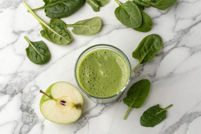 Glass of homemade green juice on marble